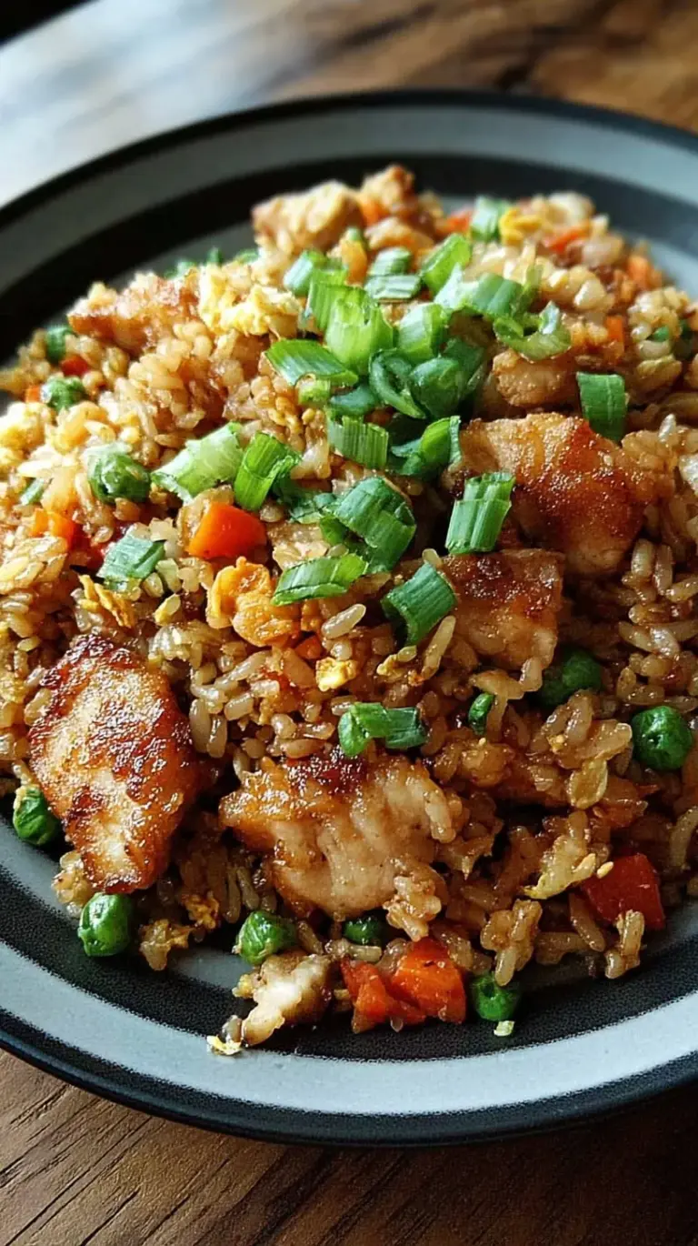 A bowl of crispy garlic chicken fried rice topped with fresh green onions and sesame seeds.