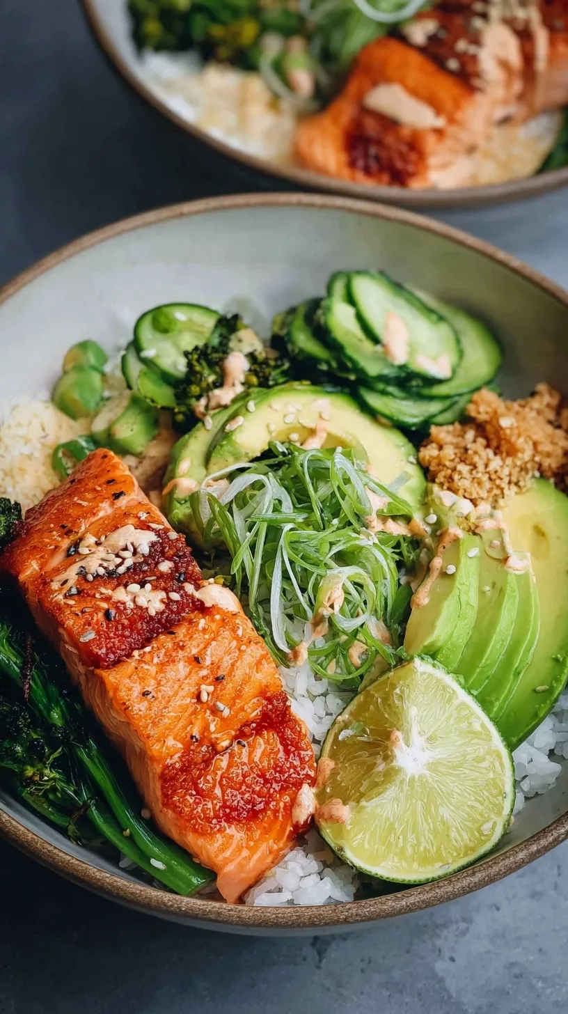 Two bowls filled with crispy salmon cubes, jasmine rice, sliced avocado, cucumber, and edamame.
