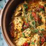 Creamy High Protein Crockpot Marry Me Chicken with sun-dried tomatoes and fresh basil