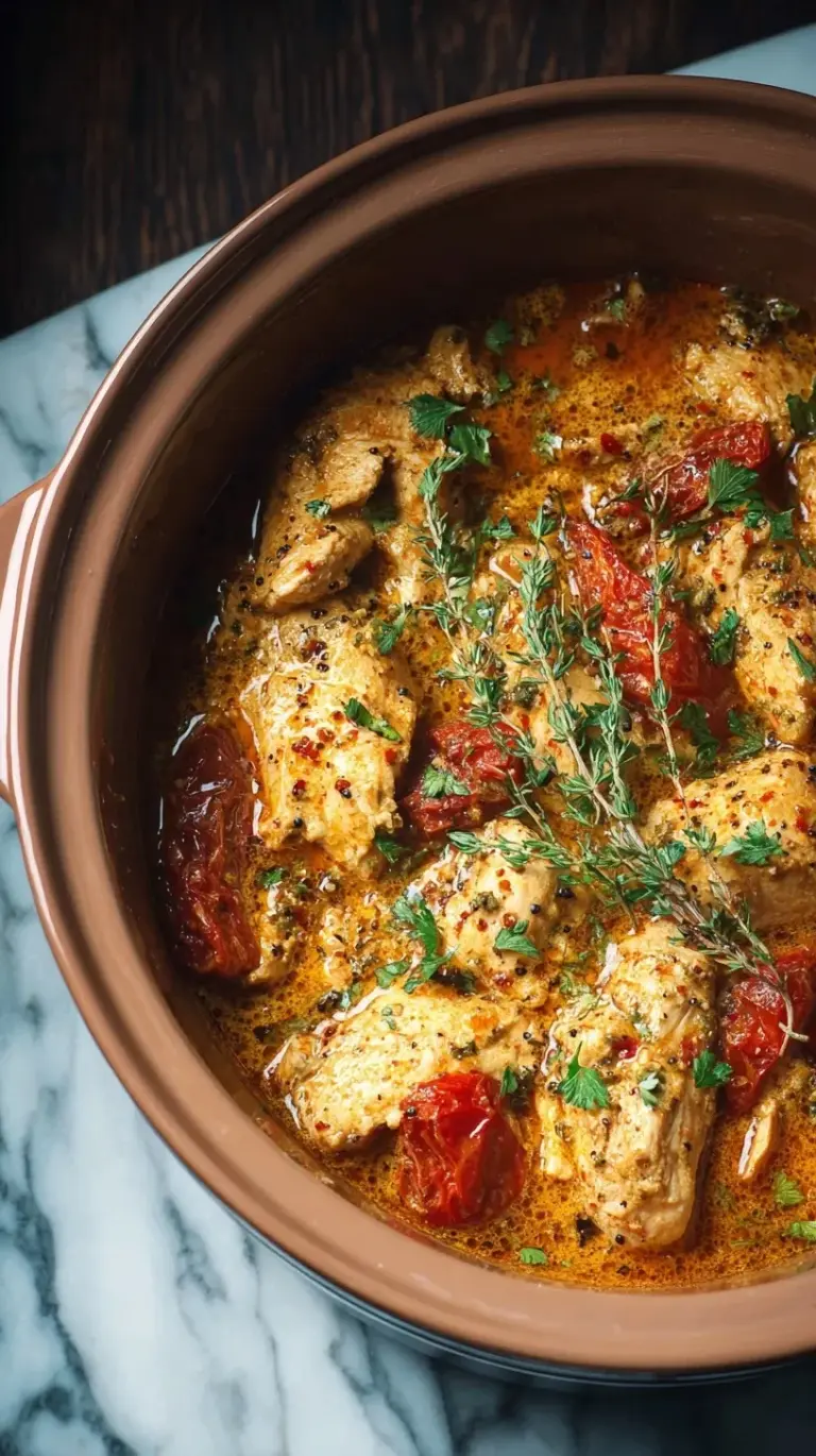 Creamy High Protein Crockpot Marry Me Chicken with sun-dried tomatoes and fresh basil