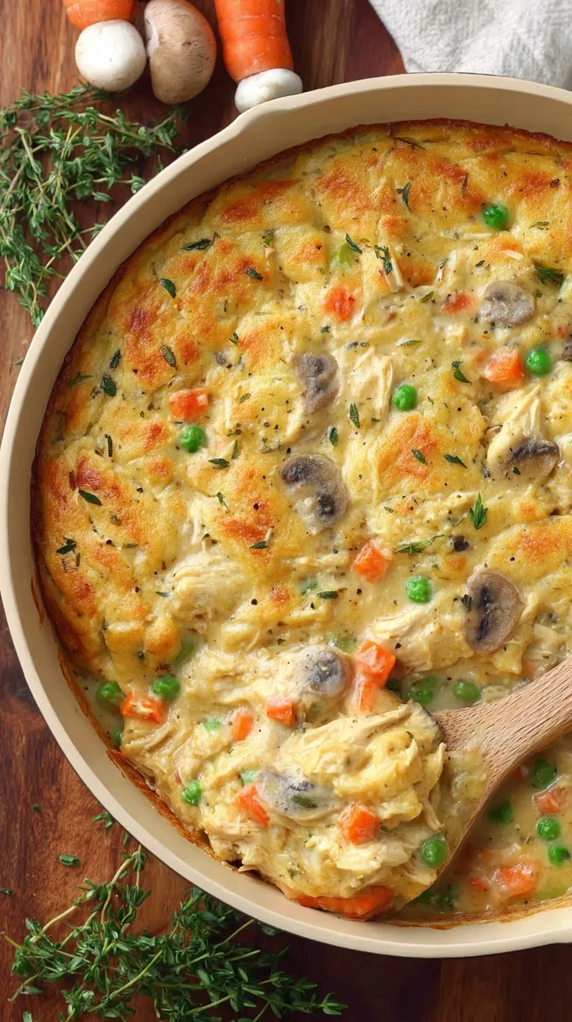 A steaming bowl of creamy chicken pot pie filling with peas, carrots, and herbs, served without a crust.