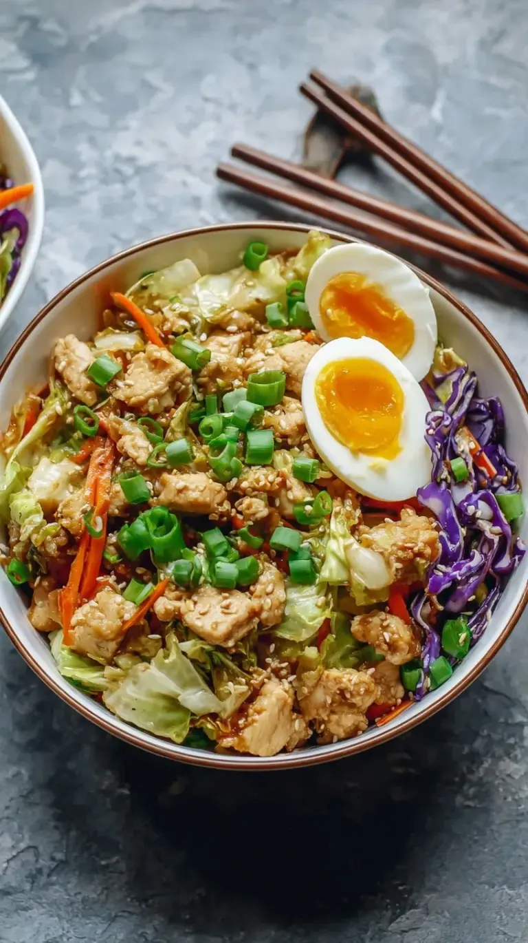 A bowl of high protein egg roll mixture with chicken, shredded cabbage, and green onions