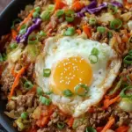 A colorful skillet filled with ground turkey, shredded cabbage, scrambled eggs, and green onions.
