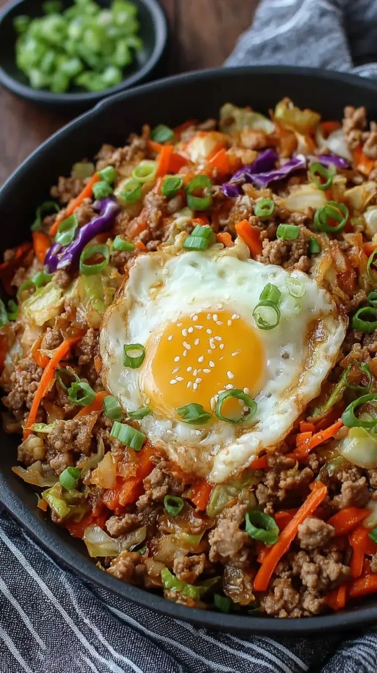 A colorful skillet filled with ground turkey, shredded cabbage, scrambled eggs, and green onions.
