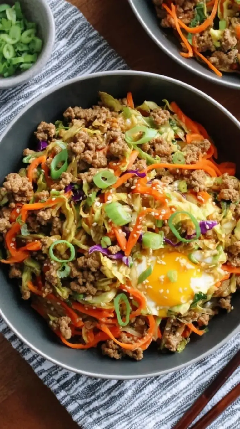 A colorful skillet filled with ground turkey, shredded cabbage, and green onions for a high protein egg roll in a bowl dinner.