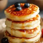 A stack of golden brown high-protein fluffy pancakes topped with fresh berries