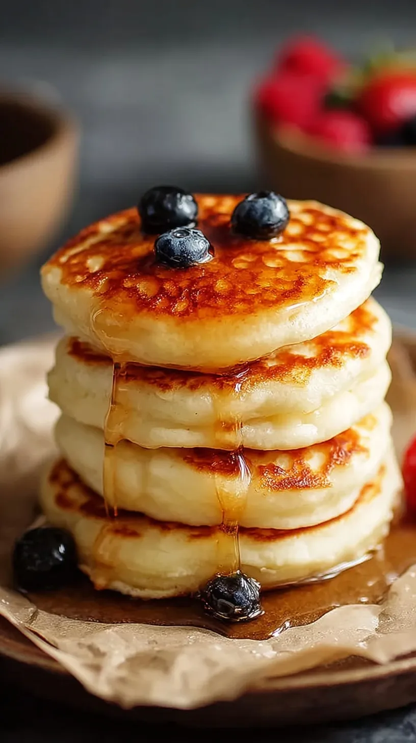 A stack of golden brown high-protein fluffy pancakes topped with fresh berries