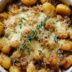 A skillet of golden caramelized onions and gnocchi topped with melted bubbly Gruyère cheese.
