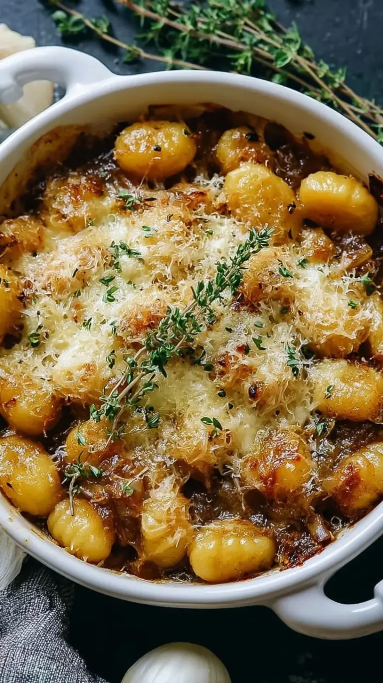 A skillet of golden caramelized onions and gnocchi topped with melted bubbly Gruyère cheese.
