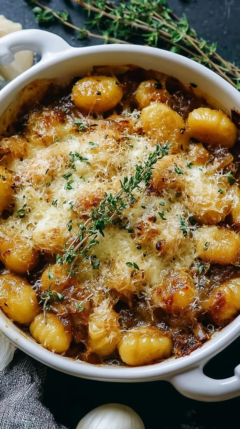 A skillet of golden caramelized onions and gnocchi topped with melted bubbly Gruyère cheese.