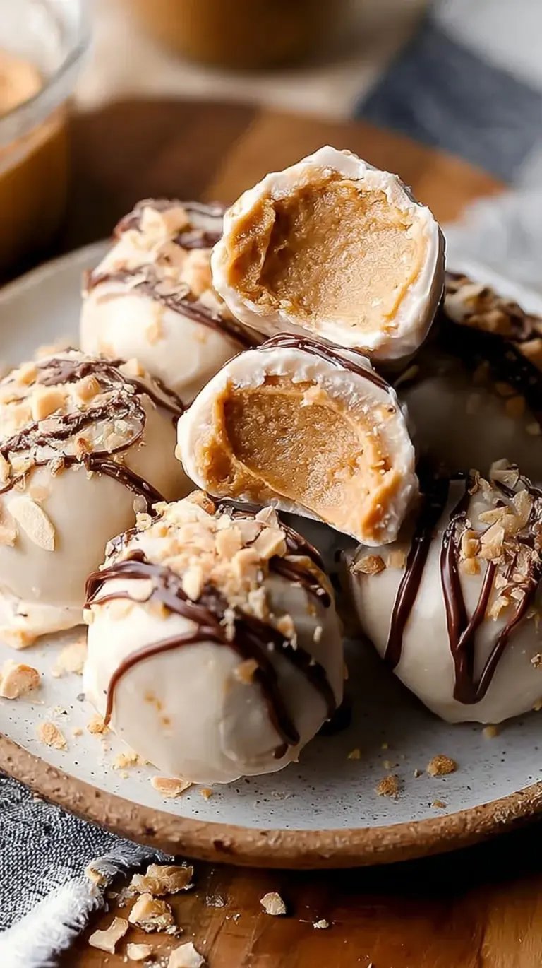 A tray of frozen peanut butter yogurt bites topped with mini dark chocolate chips on parchment paper.
