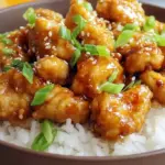 Crispy golden orange chicken pieces coated in a glossy orange glaze served with broccoli