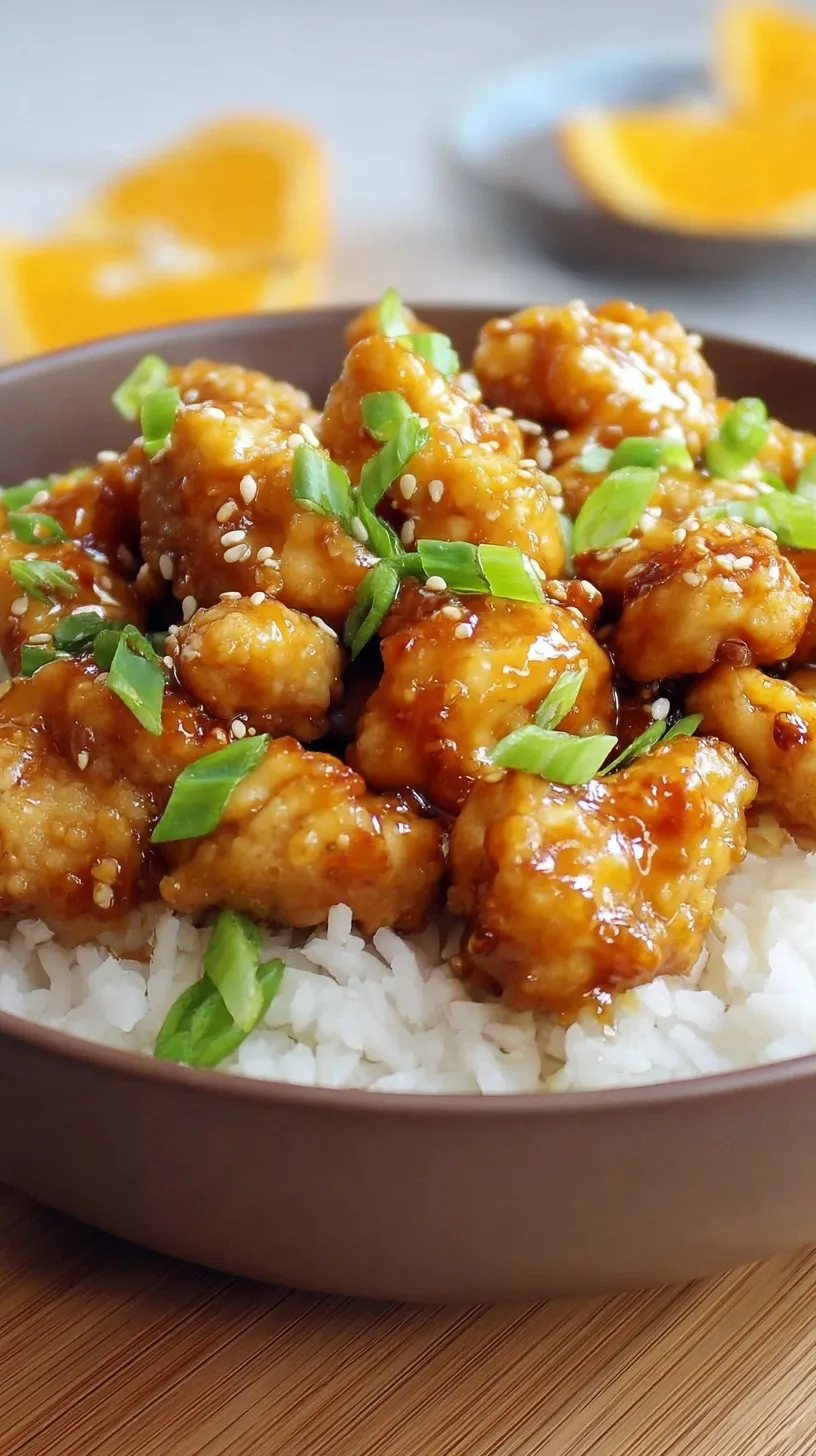 Crispy golden orange chicken pieces coated in a glossy orange glaze served with broccoli