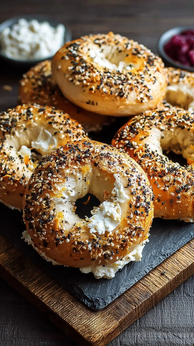 Four golden brown High-Protein Greek Yogurt Bagels topped with everything seasoning on a baking sheet