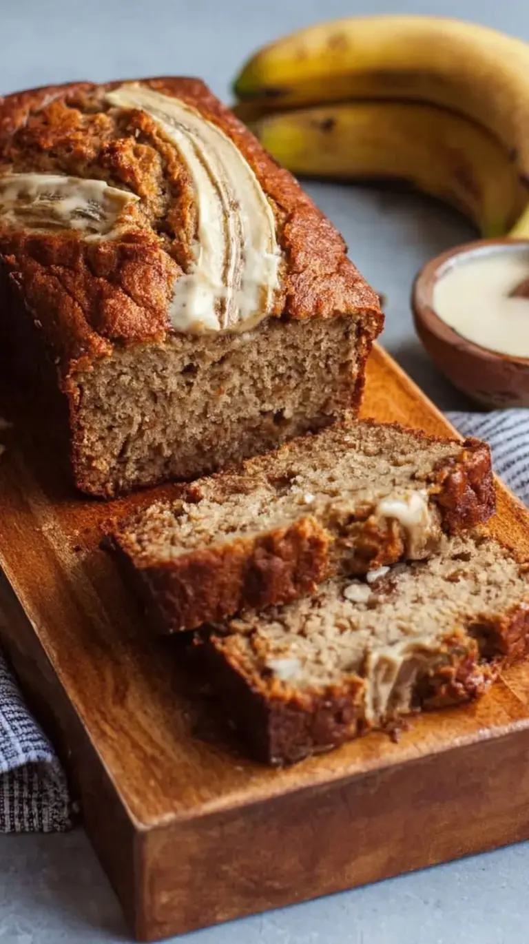 A sliced loaf of golden brown high protein banana bread on a wire rack