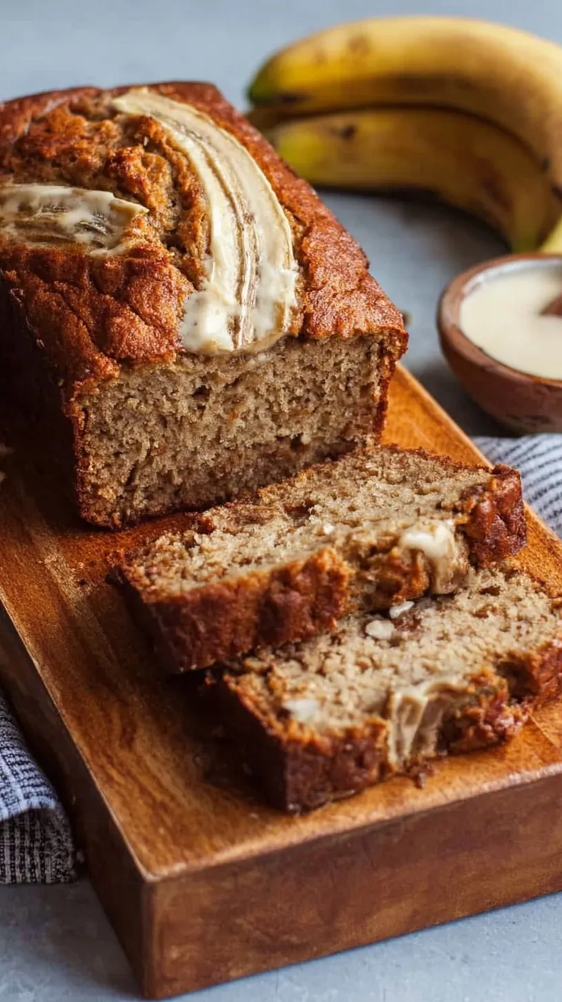 A sliced loaf of golden brown high protein banana bread on a wire rack