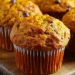 A stack of golden brown pumpkin muffins on a wire cooling rack with a white background