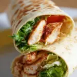 A close-up of a high protein chicken wrap filled with golden air-fried chicken, fresh lettuce, and creamy sauce.