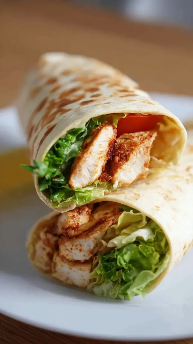 A close-up of a high protein chicken wrap filled with golden air-fried chicken, fresh lettuce, and creamy sauce.