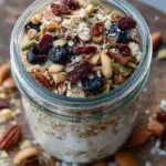 A jar of homemade high protein muesli with seeds, nuts, and dried cranberries