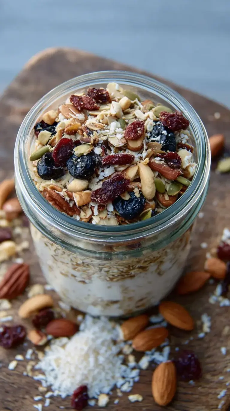 A jar of homemade high protein muesli with seeds, nuts, and dried cranberries