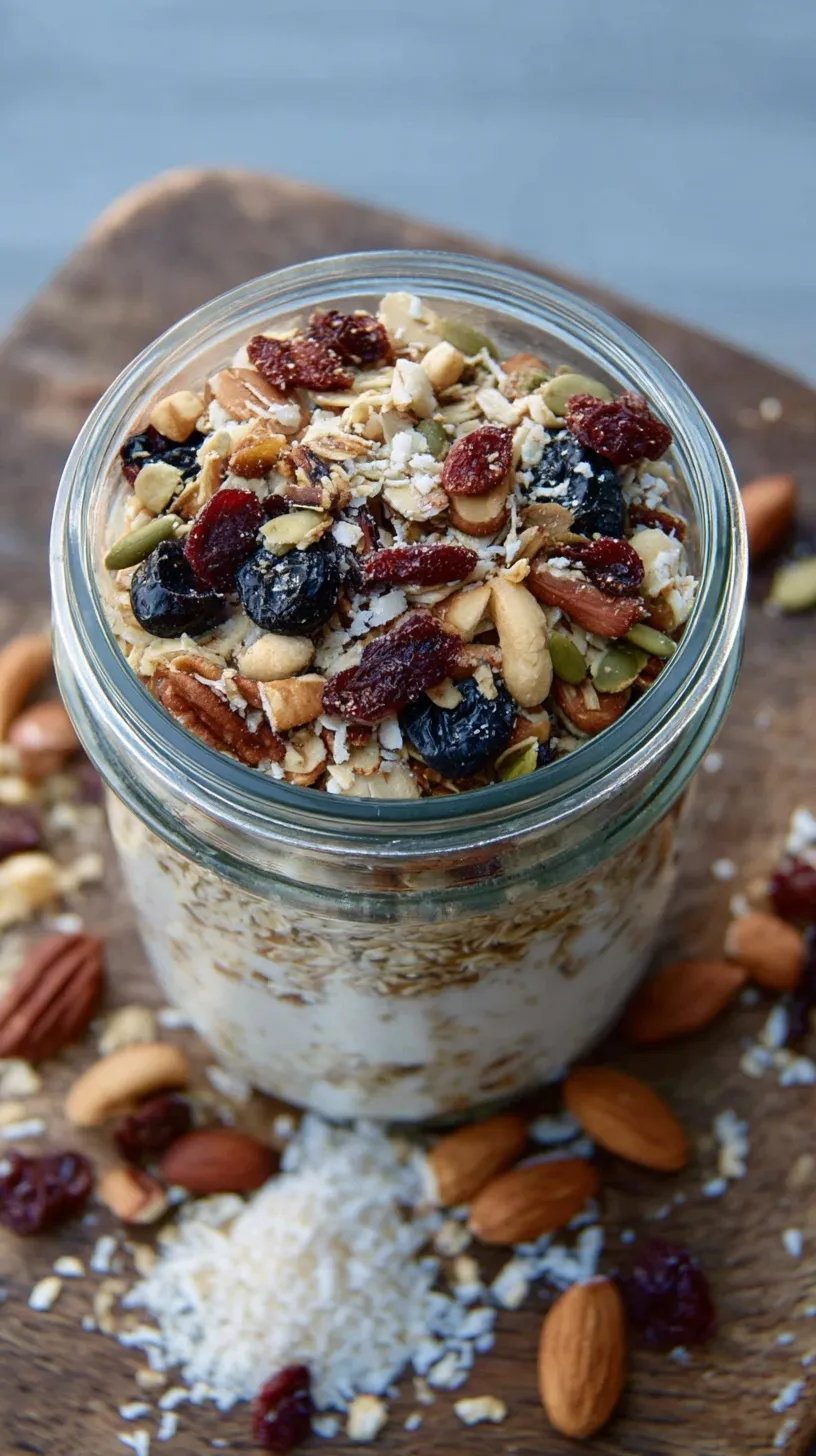 A jar of homemade high protein muesli with seeds, nuts, and dried cranberries