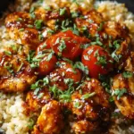 A bowl of sticky honey BBQ chicken over fluffy white rice with green onions