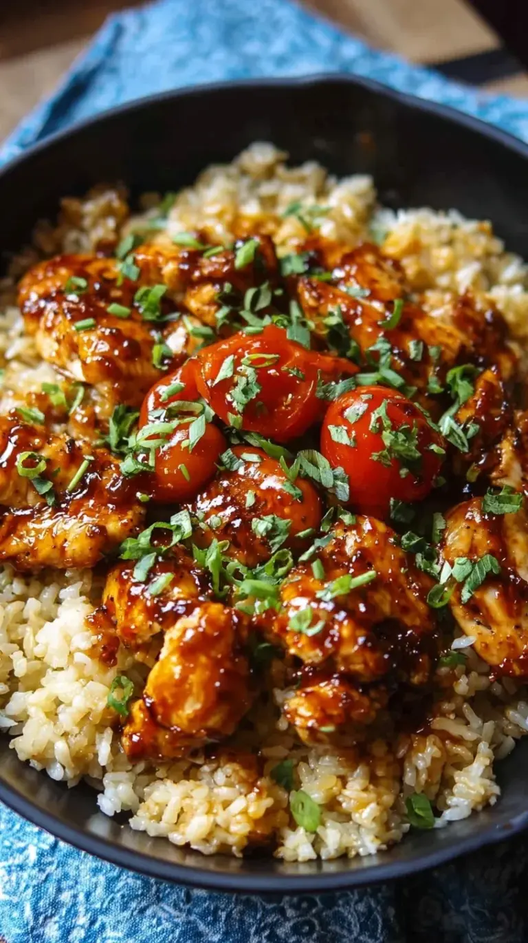 A bowl of sticky honey BBQ chicken over fluffy white rice with green onions