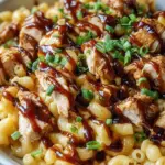 A bowl of creamy high protein mac and cheese topped with glazed honey BBQ chicken pieces.