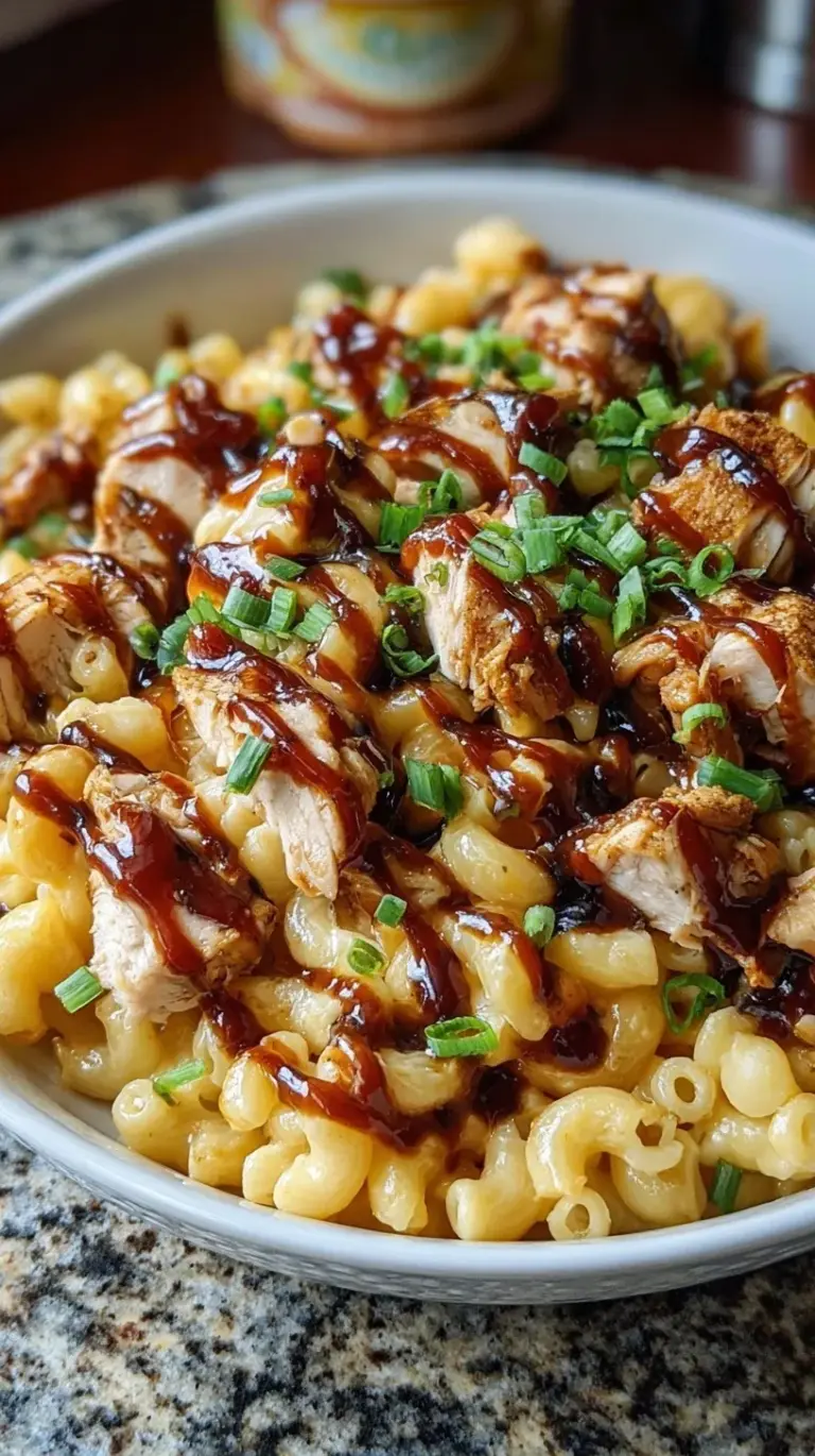 A bowl of creamy high protein mac and cheese topped with glazed honey BBQ chicken pieces.