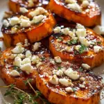 Golden roasted sweet potato rounds topped with crumbled feta cheese, honey drizzle, and fresh thyme on a baking sheet.