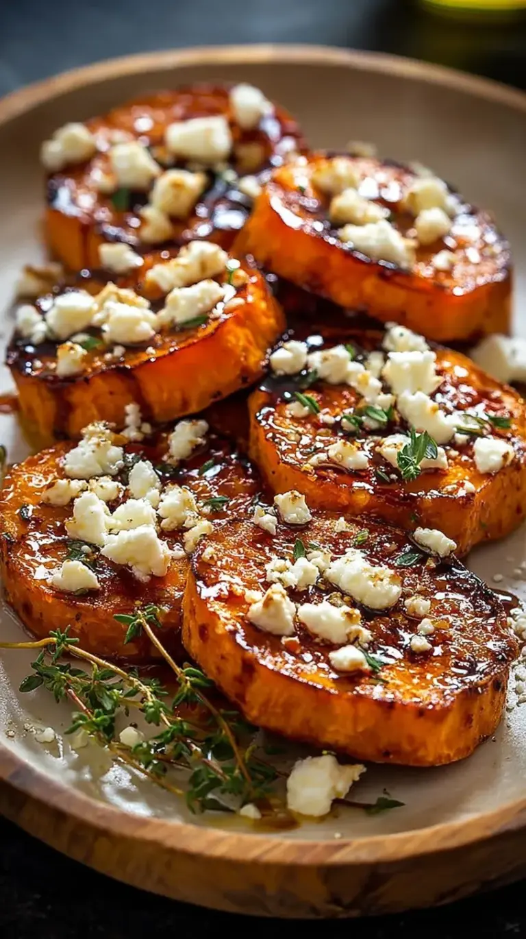 Golden roasted sweet potato rounds topped with crumbled feta cheese, honey drizzle, and fresh thyme on a baking sheet.