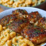 A bowl of creamy high protein mac and cheese topped with sticky honey garlic chicken bites.