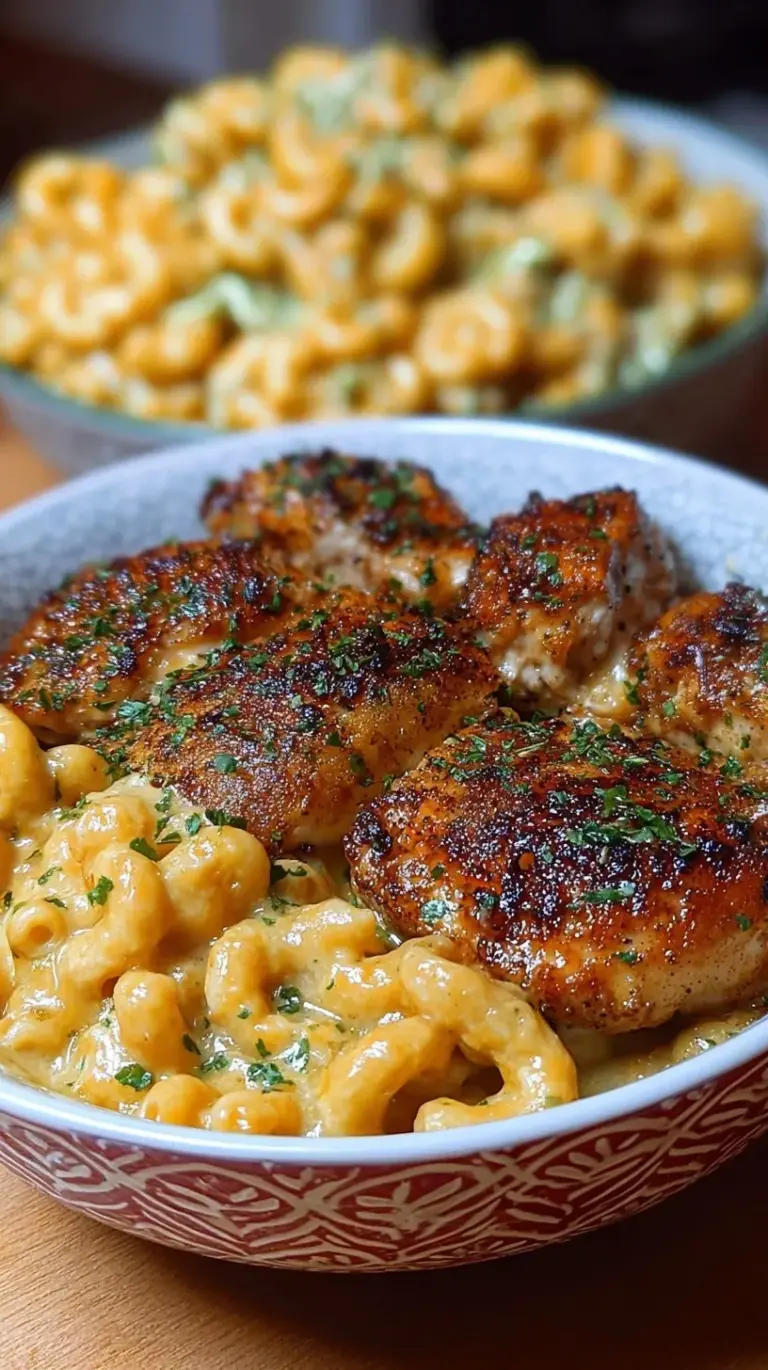 A bowl of creamy high protein mac and cheese topped with sticky honey garlic chicken bites.