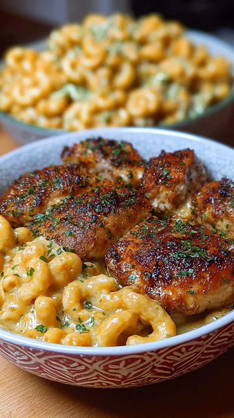 A bowl of creamy high protein mac and cheese topped with sticky honey garlic chicken bites.