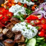 A colorful high protein kebab bowl with beef, quinoa, and fresh vegetables.