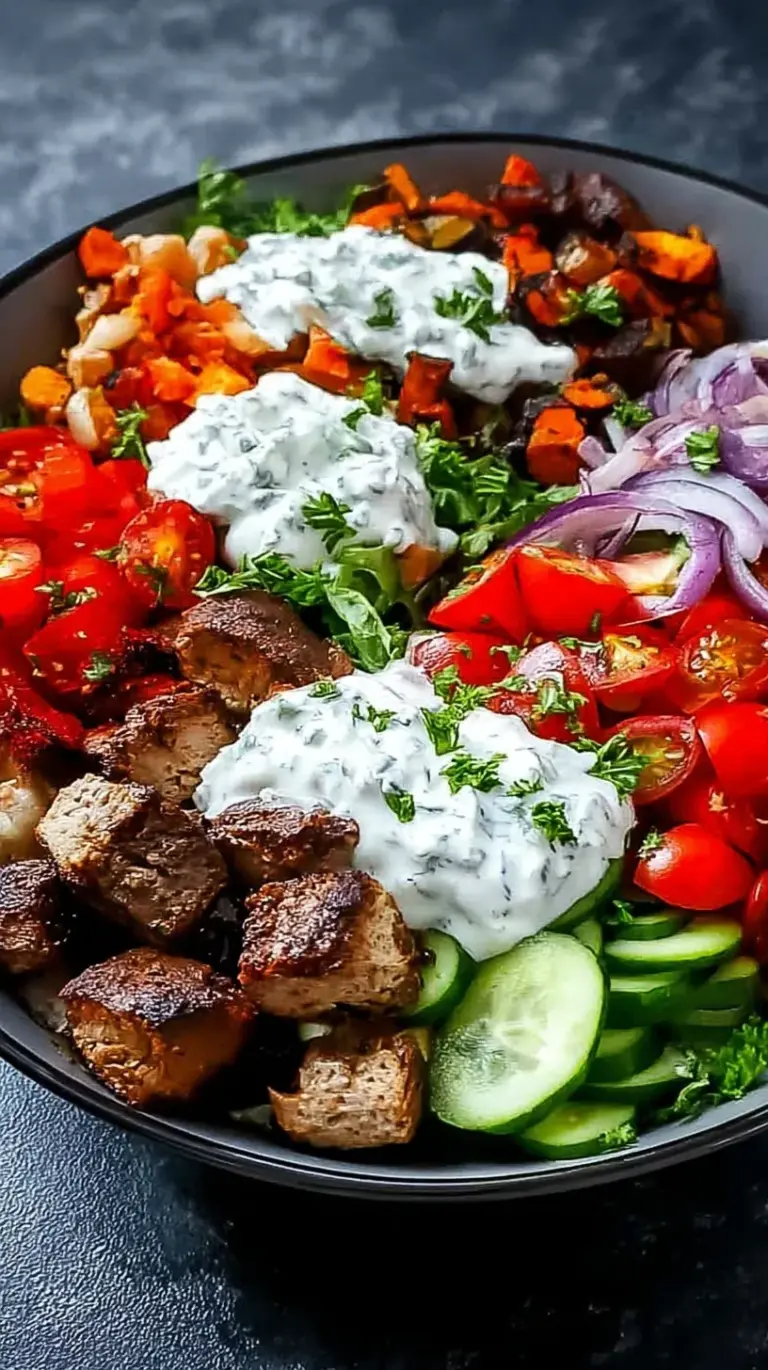 A colorful high protein kebab bowl with beef, quinoa, and fresh vegetables.