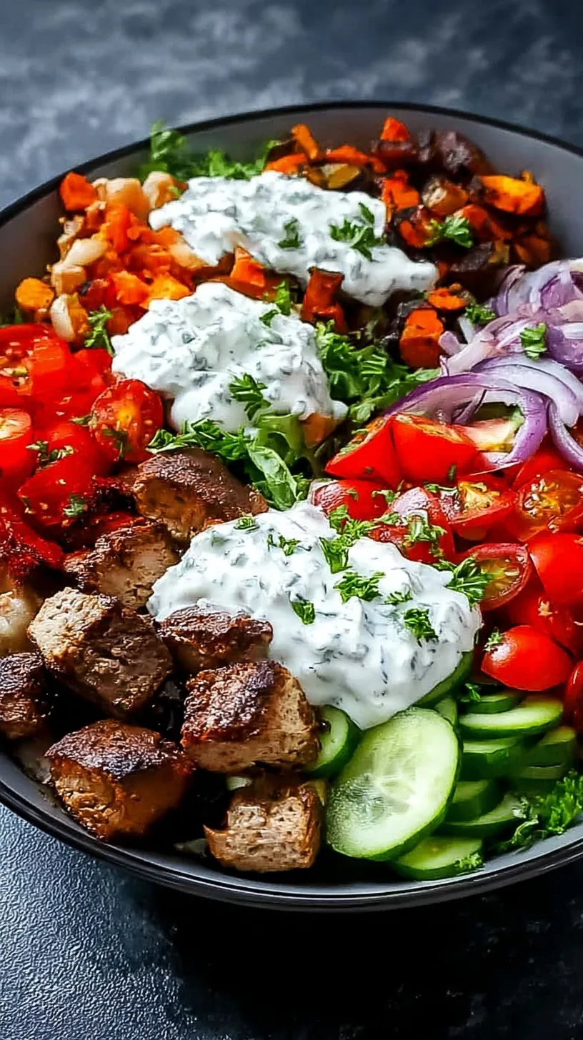 A colorful high protein kebab bowl with beef, quinoa, and fresh vegetables.