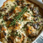 A bubbling golden-brown chicken casserole with mushrooms and spinach in a white baking dish.