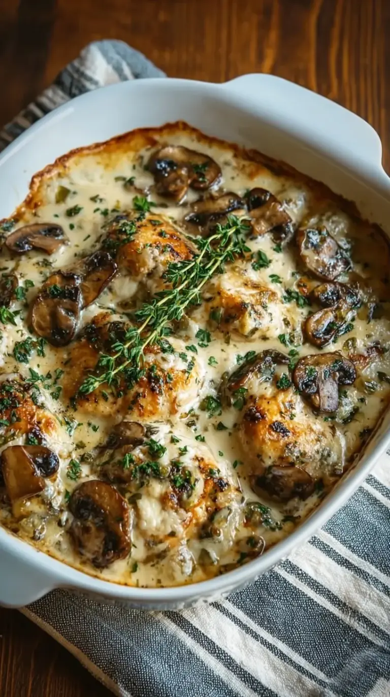 A bubbling golden-brown chicken casserole with mushrooms and spinach in a white baking dish.