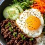 A vibrant High Protein Korean Beef Bowl with green onions and sesame seeds over white rice