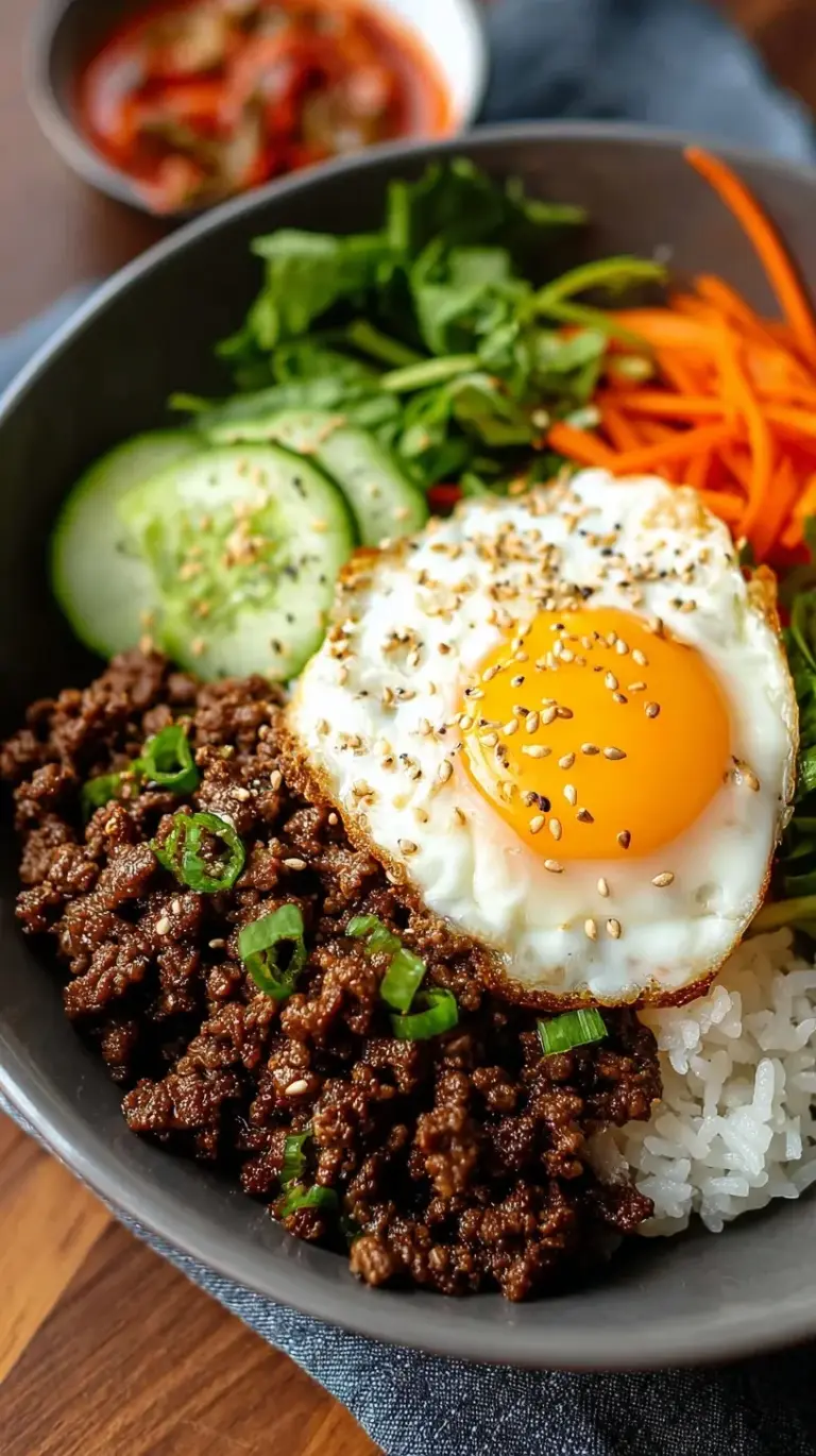 A vibrant High Protein Korean Beef Bowl with green onions and sesame seeds over white rice