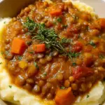 A steaming bowl of savory green lentil stew served over a bed of fluffy mashed potatoes