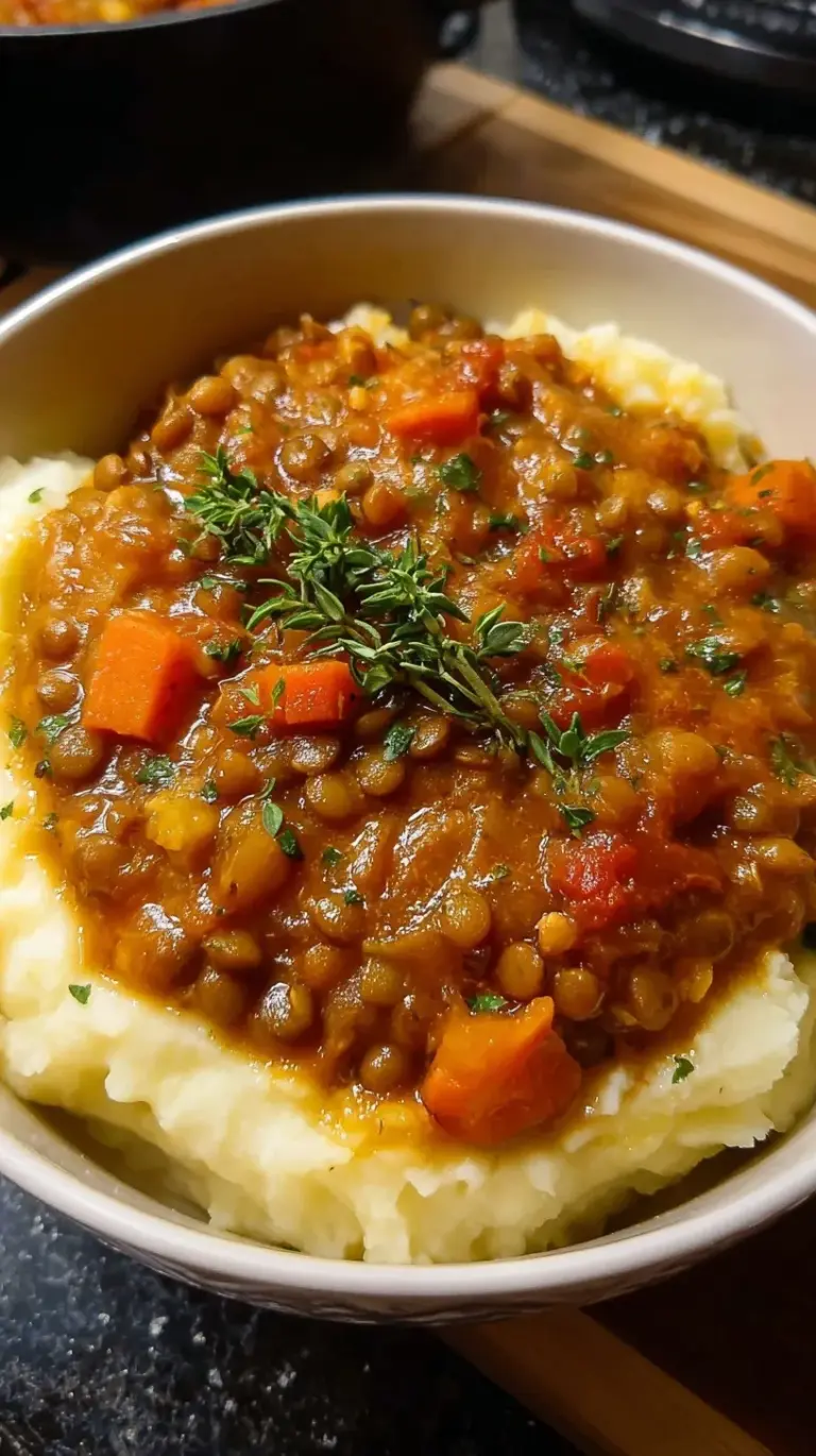 A steaming bowl of savory green lentil stew served over a bed of fluffy mashed potatoes