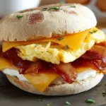 A golden toasted high-protein breakfast sandwich with egg, Canadian bacon, and melted cheddar cheese.