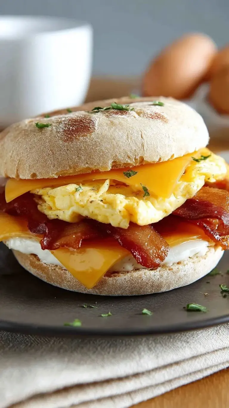 A golden toasted high-protein breakfast sandwich with egg, Canadian bacon, and melted cheddar cheese.