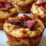 Golden brown pancake muffins with bacon bits and maple syrup drizzle on a cooling rack.
