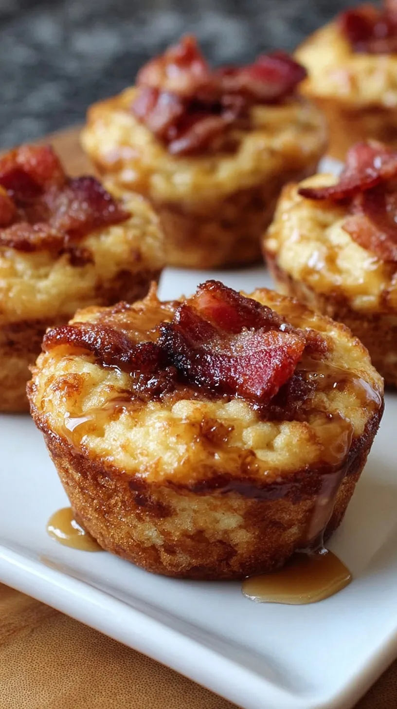 Golden brown pancake muffins with bacon bits and maple syrup drizzle on a cooling rack.