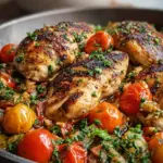 Juicy baked chicken breast topped with feta cheese and kalamata olives in a glass baking dish