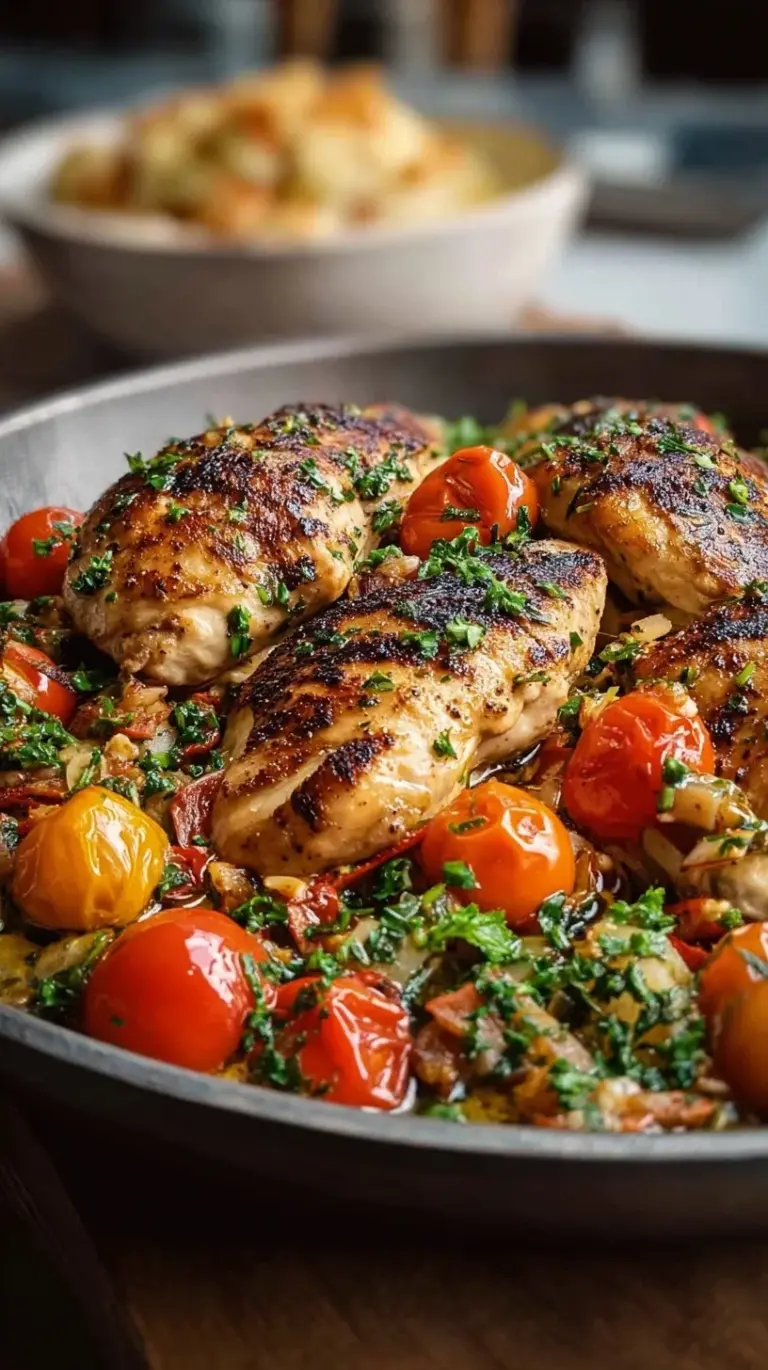 Juicy baked chicken breast topped with feta cheese and kalamata olives in a glass baking dish